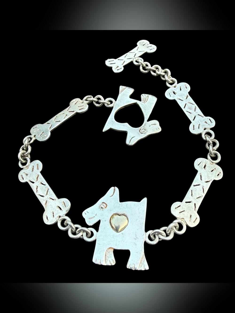 8” Vintage Dog and Bone 925 Mexico Sterling Silver Tennis Bracelet Kitchy Heart